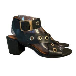 ASOS River Island Black Leather Heeled Sandals  Gold Eyelet Detail Size 40 US 9